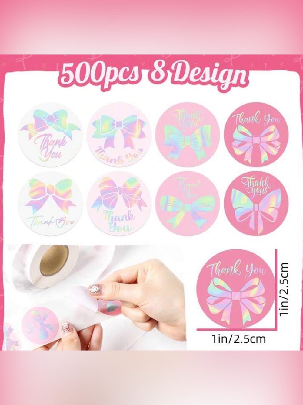 Thank You Holographic Bow Round Stickers - 500 PCS